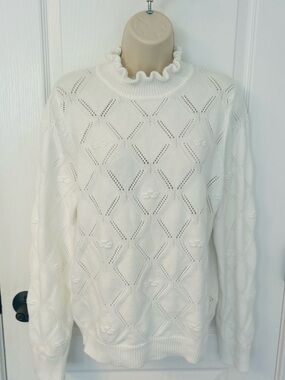 Nanette Lepore Ruffled Neck White Openwork Knit Sweater!